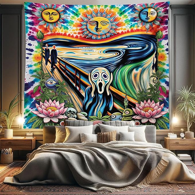 Ambesonne Trippy Tapestry King Size, Tie Dye Effect Esoteric Sun Moon Psychedelic the Scream Interpretation with Flowers, Wall Hanging Bedspread Bed Cover Wall Decor, 104" x 88", Multicolor