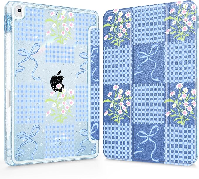 Mektron Sparkly Case for iPad 10.2 inch Glitter Tablet Cases for iPad 9th Gen 2021/8th Gen 2020/7th Gen 2019 Cover with Shiny Clear Back Shell Foldable Bling Smart Cover Blue Floral