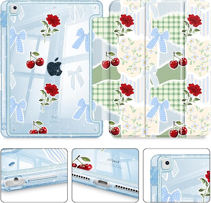 Mektron Sparkly Case for iPad 10.2 inch Glitter Tablet Cases for iPad 9th Gen 2021/8th Gen 2020/7th Gen 2019 Cover with Shiny Clear Back Shell Foldable Bling Smart Cover Blue Floral