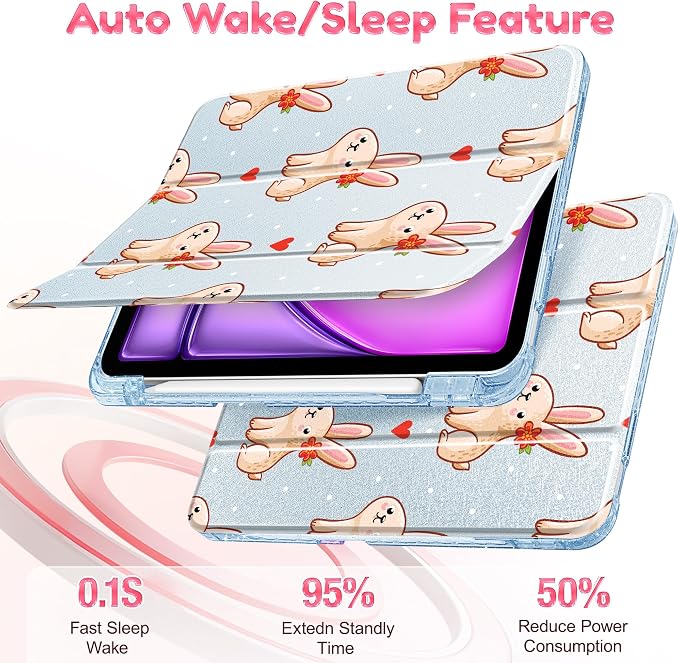 for iPad Air 11 inch M4/M3/M2 (2026/2025/2024) iPad Air 5th/4th Gen (2022/2020) 10.9 inch with Pencil Holder Glitter Clear Pretevtive Cover Auto Wake/Sleep Black Cartoon Stickers