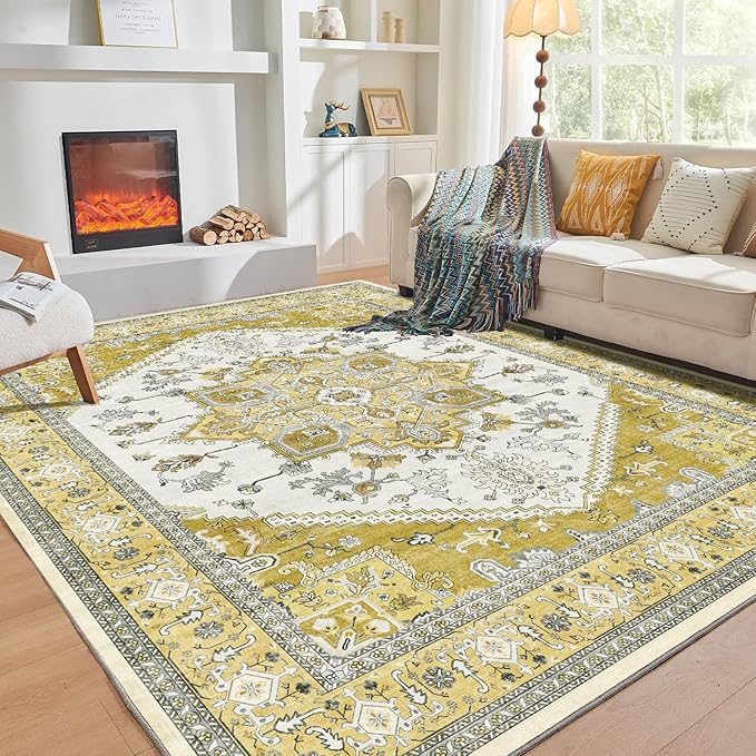 OPPODREAM Thin Area Rugs 4x6, Low-Pile Washable Rugs 4x6 with Non Slip Backing, Faux Cashmere 4 x 6 Throw Carpet, Yellow