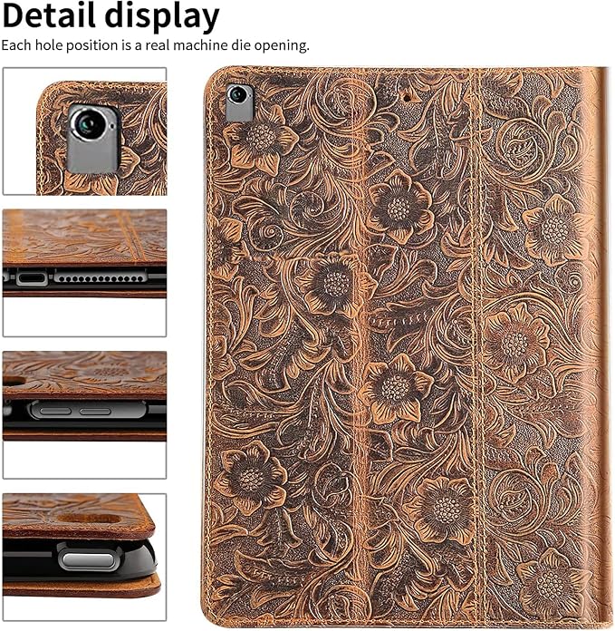 Gexmil Case for iPad Pro 12.9 Inch2nd/1st Generation(2017/2015) Genuine Leather Cover Anti Fingerprint/SlipCowhide Folio Cover Auto Sleep/Wake with Adjustable StandFlower Brown | Genuine Leather Co