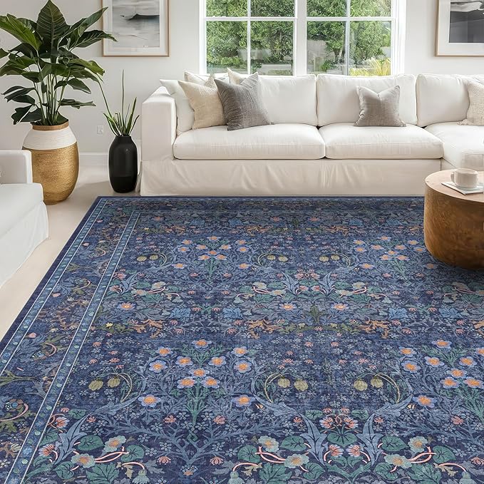 Washable Dark Blue Rug for Living Room - 10x12 Large Area Rug for Dining Room Under Table, Bedroom, Soft Low Pile Non-Slip Stain Resistant Carpet - Vintage Navy Floral Design