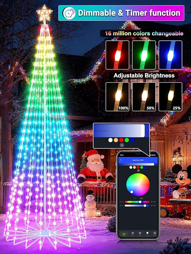 Flacchi Smart Christmas Outdoor Tree Lights - Star Tree Topper with Removable Bracket, App Control, Sync with Music, Waterfall Colored Lighted for Holiday Decorations (8.8FT/ Rope Lights)