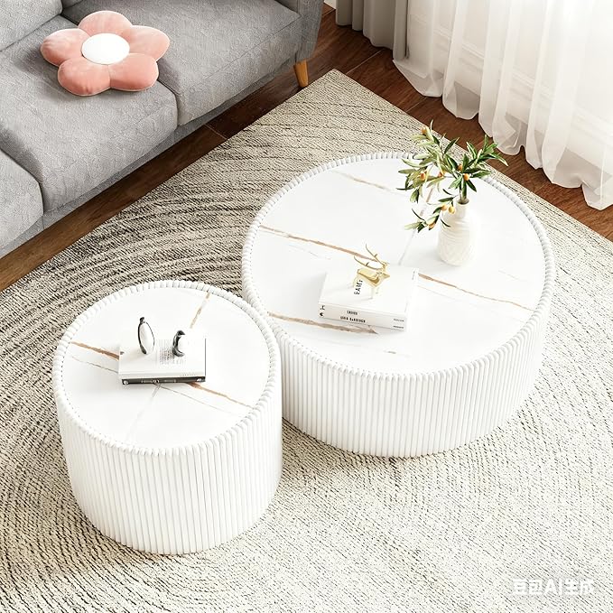 Round Coffee Table Set with Sintered Stone Tabletop, 29.52" White Drum Center Table and 17.71" White Coffee Table Set, 2 Pieces Living Room Table Set with Fluted PU Leather Cover& Stable Base
