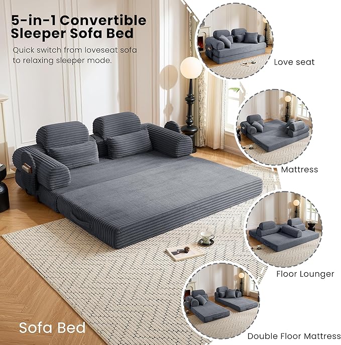 Convertible Sofa Bed,79'' Foldable Sleeper Lounge Modular Couch Comfort Compression Sofa Loveseat for Small Spaces Comfort for Apartment Bedroom (Corduroy Fabric, Dark Grey1)