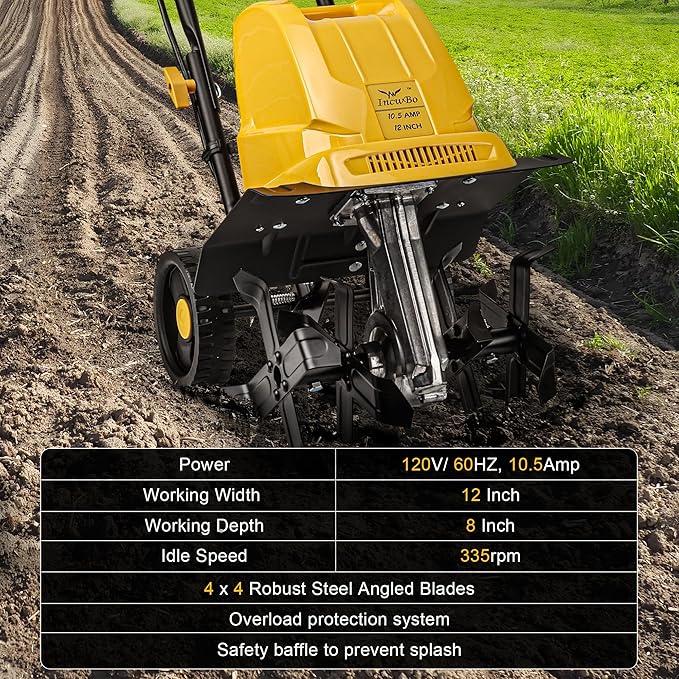 Garden Rototiller 12-Inch 10.5-Amp Corded Electric Tiller/Cultivator, Adjustable Wheels, 8-Inch Tilling Depth, Powerful and Lightweight Tiller