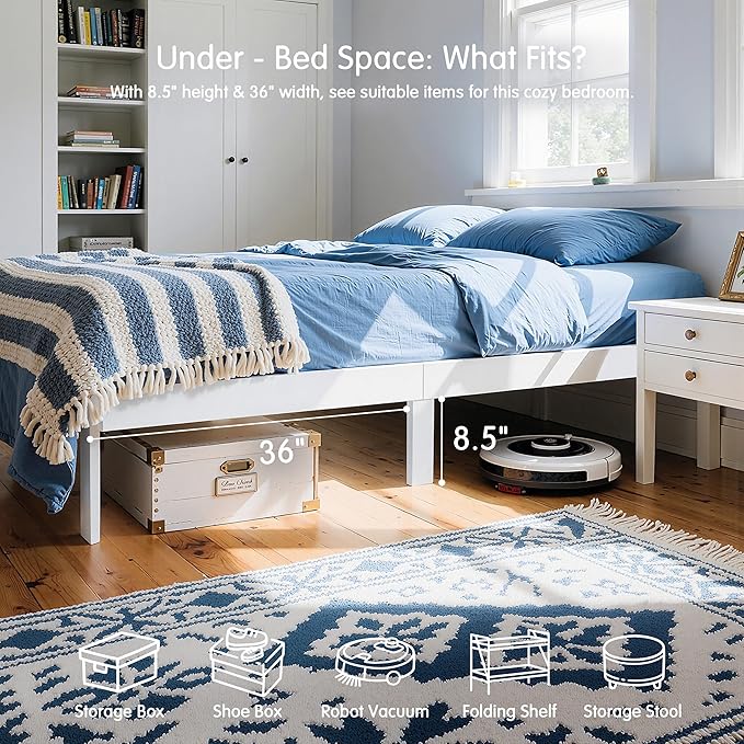 Hokway Wood Full Size Bed Frame- No Wobble,Noise-Free,Easy Assembly with Precise Holes,12 in Wood Slat Support,No Box Spring Needed,White