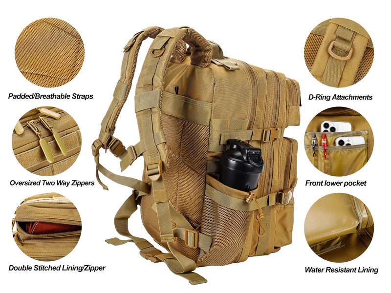 LHI Military Tactical Backpack for Men and Women 45L Army 3 Days Assault Pack Bag Large Rucksack with Molle System - Khaki