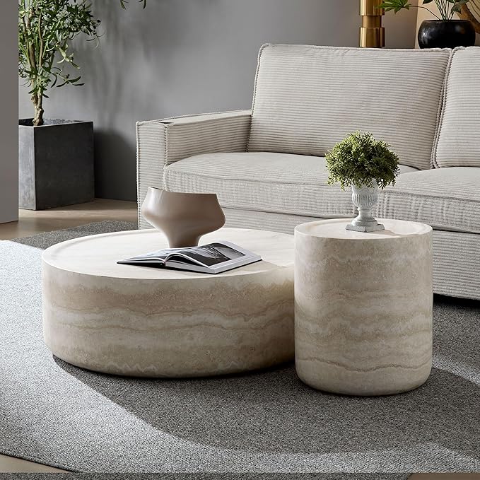 Small Round Coffee Table 15.74" Marble Pattern Drum Shaped End Fiberglass Cocktail Side Table for Living Room Bedroom Office