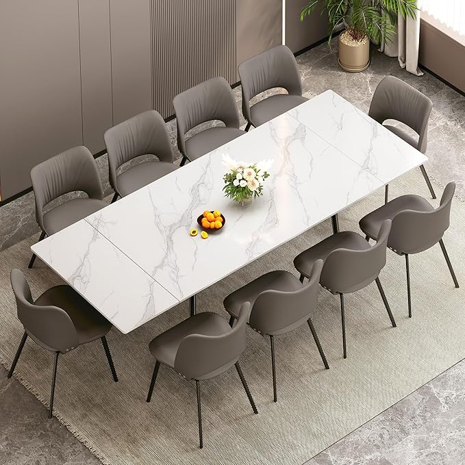 Expandable Rectangular Dining Table (62.9" to 94.4") – Modern White Sintered Stone Top, Adjustable Table for 6 to 10 People for Dining Room Family Gathering