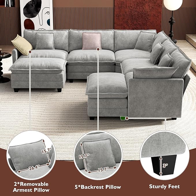 Ihanherry 114" V-Shaped Modern Sofa Modular Sectional Cloud Couch with 2 Ottoman, 7-Seat Chenille Deep Seat Sofa with Corner Section for Living Room, Bedroom and Apartment, Grey