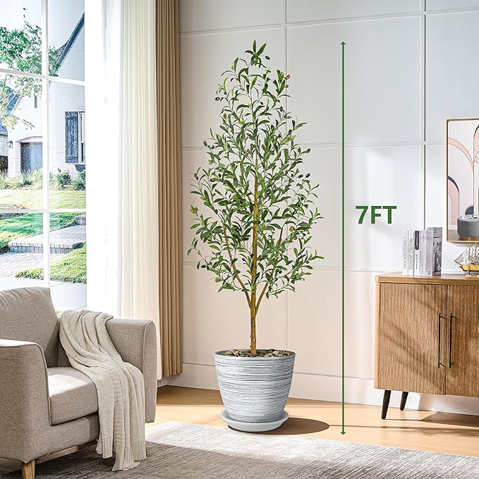 Artificial Olive Tree Artificial Plants, Tall Faux Olive Silk Plant with White Planter Home Office Decor Indoor Fake Potted Tree with Lifelike Fruits Housewarming Gift (1, White, 7FT)