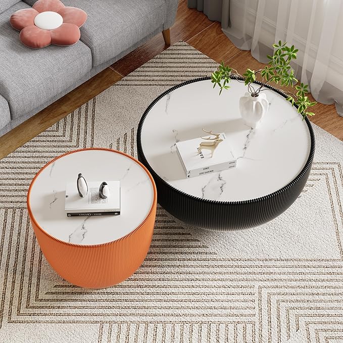 Round Coffee Table Set with Sintered Stone Tabletop, 27.56" Black Drum Center Table and 19.69" Orange Coffee Table Set, 2 Pieces Living Room Table Set with Fluted PU Leather Cover& Metal Base
