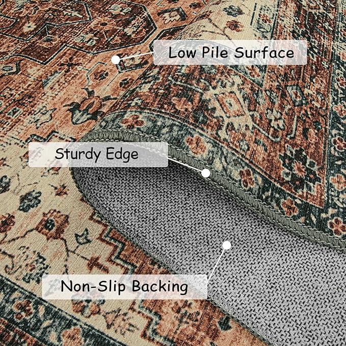 Moynesa Ultra-Thin Washable Runner Rug - 2x6 Non-Slip Non-Shedding Hallway Runner, Stain Resistant Kitchen Mat Laundry Entryway Carpet for Doorway Bedside, Brick Red/Dull Teal