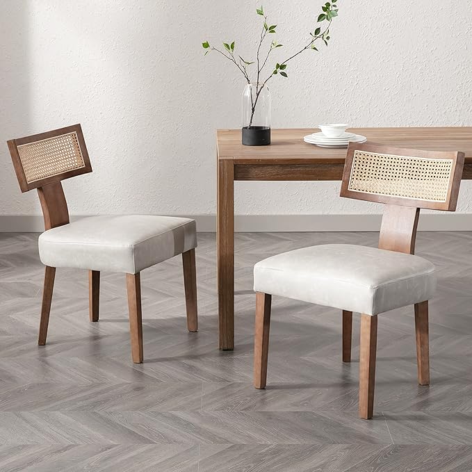 Upholstered Dining Chairs Set of 6 with Rattan Back, Modern Wooden Kitchen Chairs PU Leather Side Dining Room Chair Farmhouse Dinner Chair, Grey