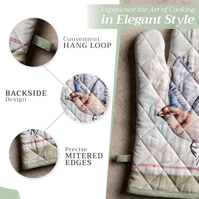 Maison d' Hermine 100% Cotton Oven Mitt & Pot Holder Set (7.5"x13" & 8"x8") Heat Resistant BBQ Cooking Gloves with Loop, Baking, Grilling, Kitchen, Handling Hot Pans Spring/Summer (Flying Birds)