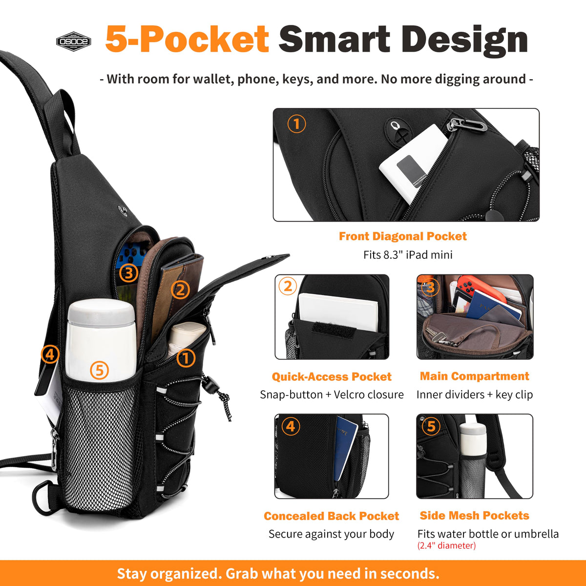 OSOCE Anti Theft Sling Bag RFID Blocking Crossbody Chest Bag for Men Women Water Resistant Travel Fits 9.7" iPad