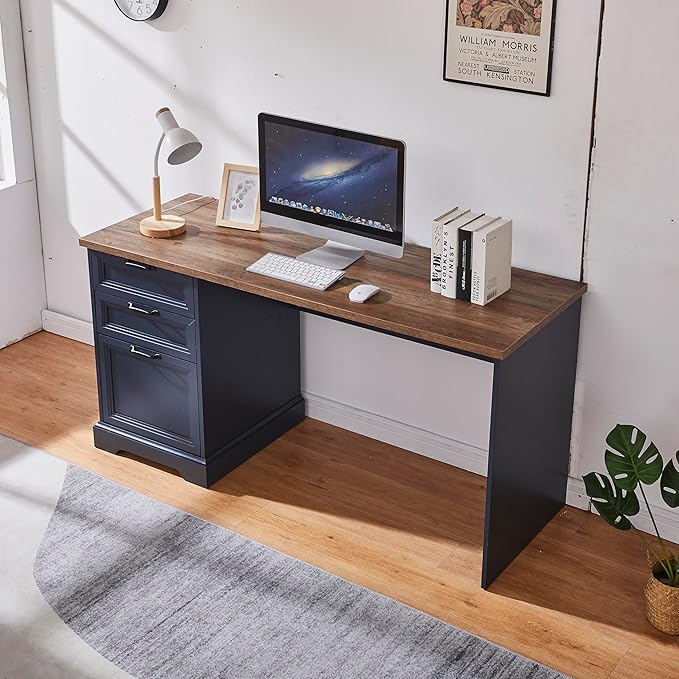 60" Farmhouse Executive Desk with Charging Station,Home Office Desk with 2 Drawers &1 File Cabinet,Wood Work Desk for Office and Home (Blue)