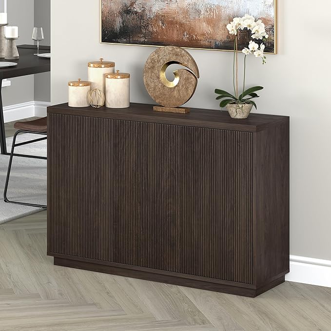 Henn&Hart 48" Fluted Sideboard Buffet Cabinet, Ribbed Wooden Credenza with 3 Doors, Adjustable Shelves, and Cable Management Cut-Outs for Dining Room, Kitchen, Living Room or Entryway, Warm Brown