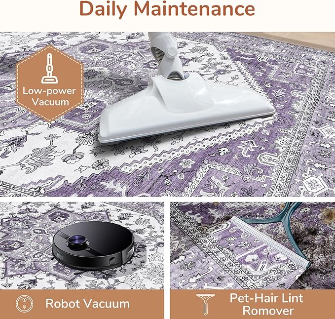 OPPODREAM Thin Area Rugs 4x6, Low-Pile Washable Rugs 4x6 with Non Slip Backing, Faux Cashmere 4 x 6 Throw Carpet, Purple