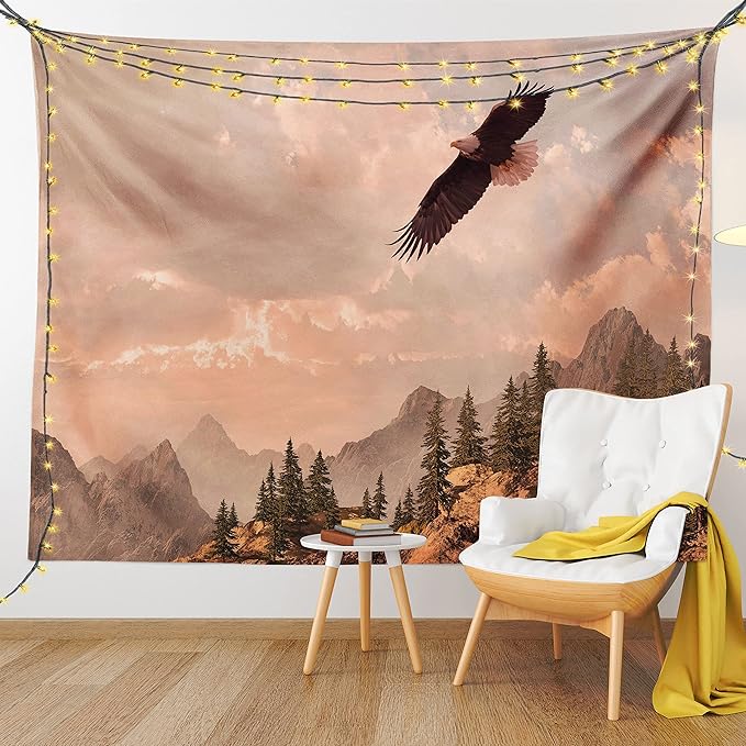 Ambesonne Eagle Tapestry King Size, Nature Photography of Rocky Mountains and Forest a Bird Flying over It, Wall Hanging Bedspread Bed Cover Wall Decor, 104" X 88", Rose Green
