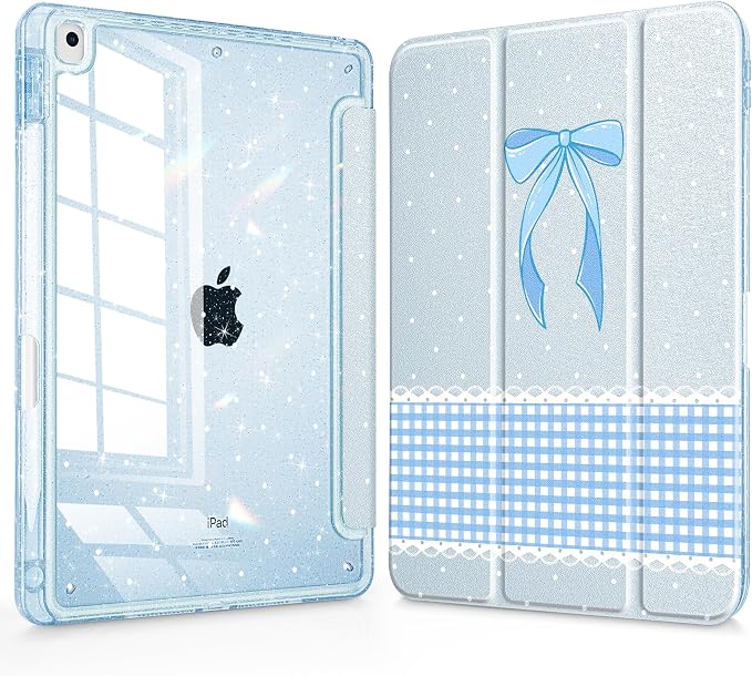 Mektron Sparkly Case for iPad 10.2 inch Glitter Tablet Cases for iPad 9th Gen 2021/8th Gen 2020/7th Gen 2019 Cover with Shiny Clear Back Shell Foldable Bling Smart Cover Blue Floral