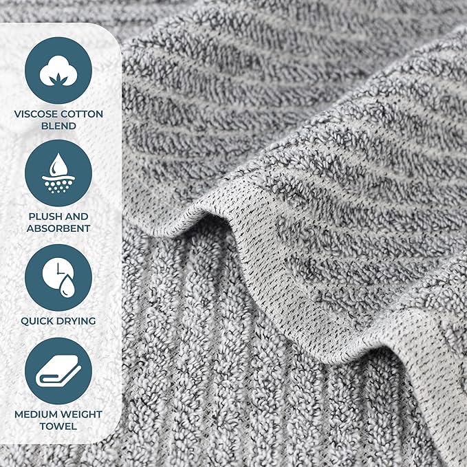 Superior Amelia Viscose Cotton Blend Medium Weight Towels, for Bathroom, Shower, Spa, Plush, Quick Dry, Ultra-Soft Towels, Bath Essentials, Ribbed Design, Bath Towels, Set of 2, Charcoal