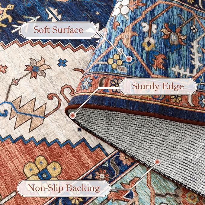 Lahome 8 x 10 Area Rugs for Living Room - Boho Washable Non-Slip Backing Large Rug Ultra-Thin Stain Resistant Dining Room Rugs for Under Table, Oriental Print Carpet Rugs for Bedroom (Rust, 8'x10')