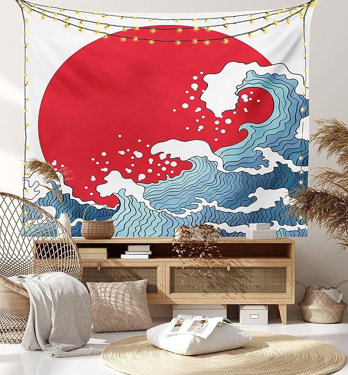 Ambesonne Japanese Wave Tapestry, Big Red Sun Setting Scenery Tropical Nautical Tsunami Swirls, Fabric Wall Hanging Decor for Bedroom Living Room Dorm, 30" X 45", Red Blue White
