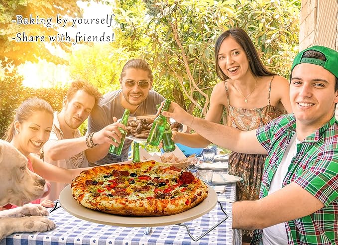 13 Inch Round Pizza Stones for Grill and Oven, Cordierite Baking Stones Set with Serving Rack & Cutter, Durable and Safe Cooking Stone Pan for Bread, Natural Pizza Stone for Family