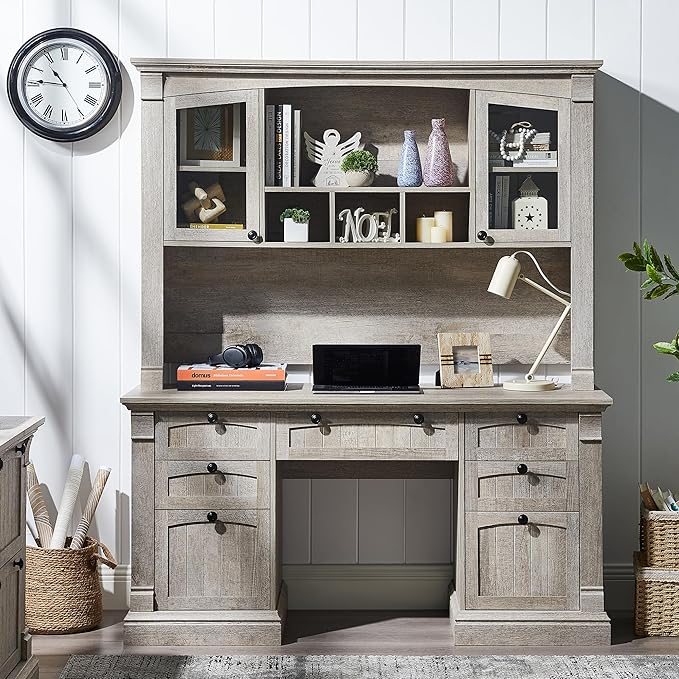 OKD 60" Executive Desk with Hutch and Drawers, Farmhouse Home Office Desk with Charging Station, Keyboard Tray, File Cabinet Storage, Wood Computer Desk for Work and Study, Light Rustic Oak