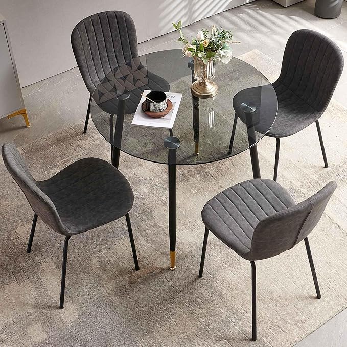 Glass Round Dining Table Set for 4, 35.43" Round Kitchen Table Transparent with 4 Upholstered Accent Chairs Space Saving Dining Chairs for Small Spaces