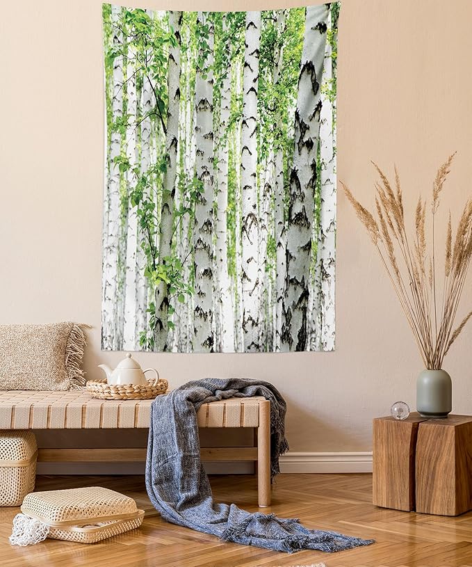 Ambesonne Woodland Tapestry Queen Size, Birch Trees in The Forest Summertime Wildlife Nature Outdoors Themed Picture, Wall Hanging Bedspread Bed Cover Wall Decor, Queen Size, White Green