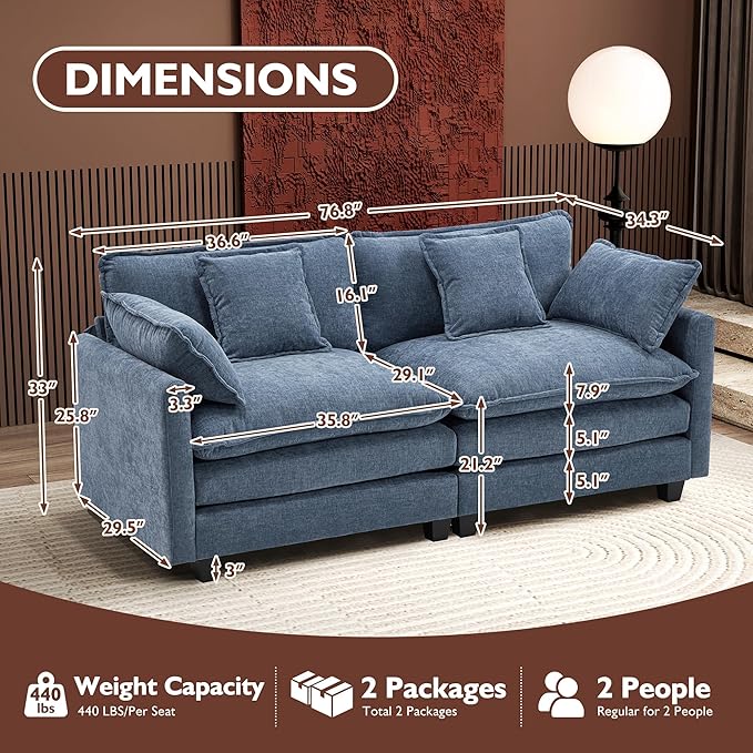 Ihanherry Cloud Sofa 77 Inch Loveseat, Modern Sectional Couch, 2-Seats Sofa for Living Room Bedroom and Apartment, Comfy Double Layer Upholstered Seat Cushion, Breathable Chenille Fabric, Blue