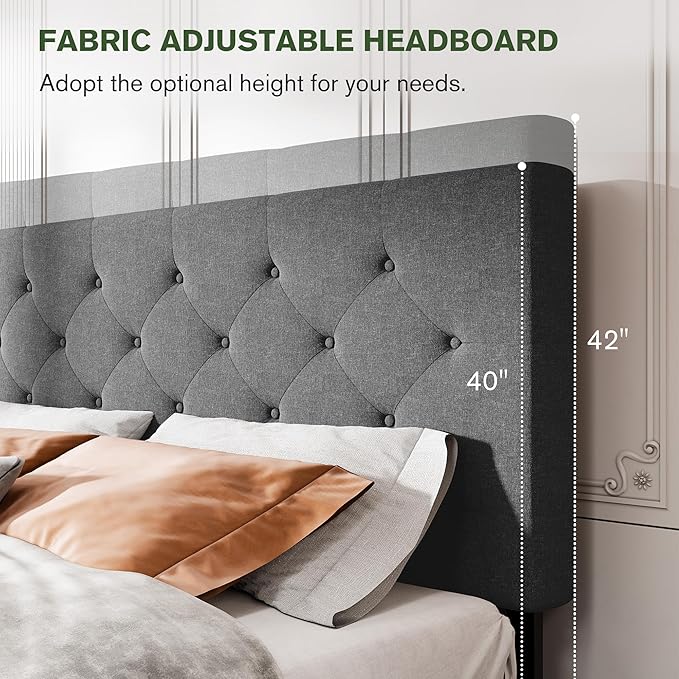 MUTICOR Full Size Bed Frame with 4 Storage Drawers, Upholstered Platform Bed with Button Tufted Adjustable Headboard, No Box Spring Needed, Easy Assembly, Diamond Tufted, Dark Grey Fabric