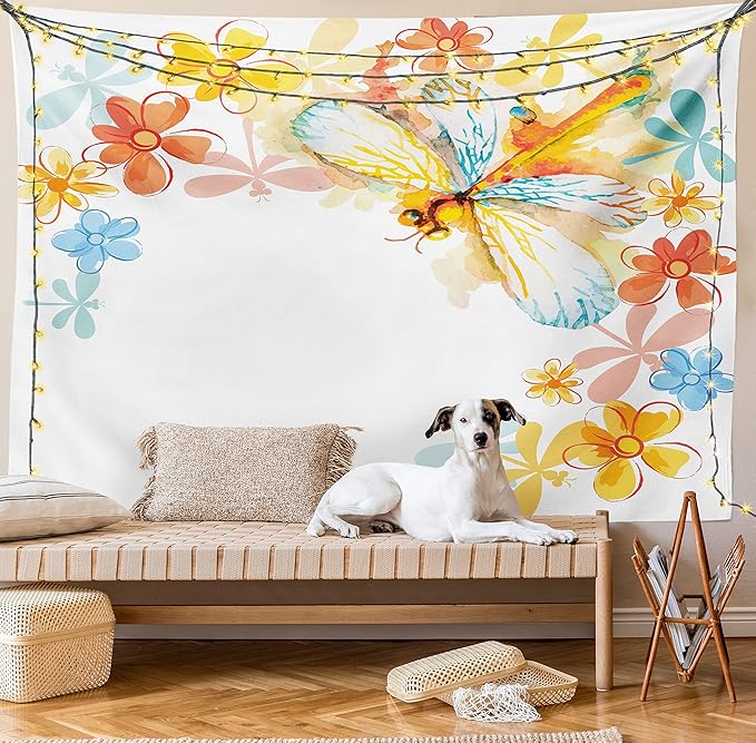 Ambesonne Dragonfly Tapestry Queen Size, Abstract Grunge Vintage Design Moth Spring Flowers Floral Frame Art Print, Wall Hanging Bedspread Bed Cover Wall Decor, 88" X 88", Yellow Orange
