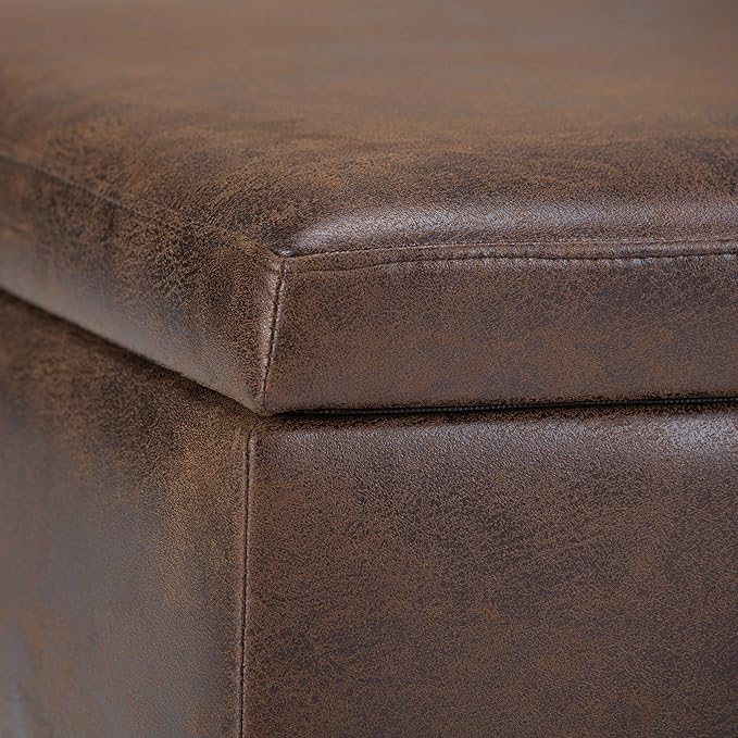 SIMPLIHOME Owen Coffee Table Storage Ottoman - 34 inch Wide Upholstered Vegan Leather Rectangular Lift-Top Ottoman in Distressed Chestnut Brown, Mid-Century Bench for Living Room with Tapered Legs