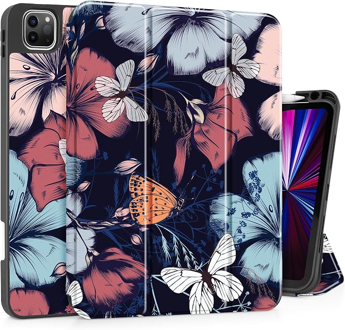 May Chen Case for iPad Pro 11 inch (4th 3rd 2nd &amp 1st Gen) 2022 2021 2020 2018 Trifold Stand + Pencil Holder + Auto Wake/Sleep + Soft TPU Protective Stand Back Cover Abstract Floral
