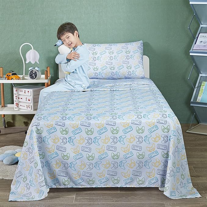 Viviland 4 Pieces Boys Grey Full Sheet Set - Soft Microfiber Fitted Flat Sheets & Pillowcase - Game Player Paddle Printed Bedding Sets - for Kids & Toddlers