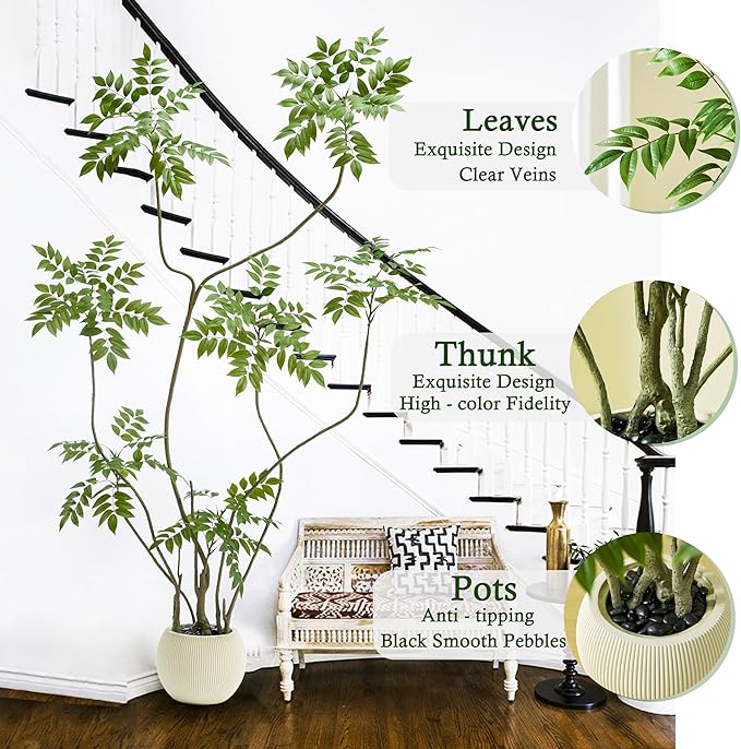 Artificial Sumac Tree：6FT Faux Mahonia Fortunei Tree Realistic Fake Floor Plant Silk Leaves & Elegant Branches in Pot Fake Plant for Minimalist Decor Indoor Home Sala Office Hotel Patio Studio