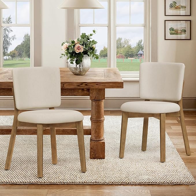 LUE BONA Wooden Dining Chairs Set of 2, Comfortable Wide Back Kitchen Side Chairs, Strong Thick Legs for Modern Farmhouse Dining Room, Linen Upholstered and Natural Wood Legs