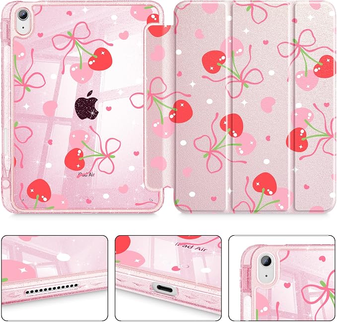 for iPad Air 11 inch M4/M3/M2 (2026/2025/2024) iPad Air 5th/4th Gen (2022/2020) 10.9 inch with Pencil Holder Glitter Clear Pretevtive Cover Auto Wake/Sleep Black Cartoon Stickers