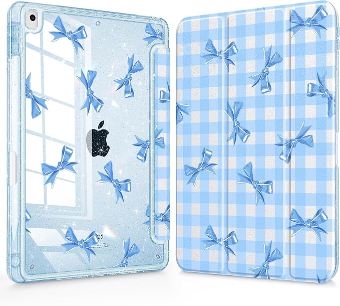 Mektron Sparkly Case for iPad 10.2 inch Glitter Tablet Cases for iPad 9th Gen 2021/8th Gen 2020/7th Gen 2019 Cover with Shiny Clear Back Shell Foldable Bling Smart Cover Blue Floral