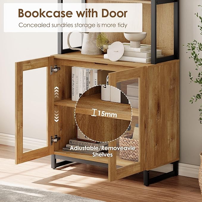 WAMPAT 2 PCS Modern 72" Tall Bookcases with Glass Doors and Adjustable Shelves, Library Book Shelf with Storage Cabinet and Open Book Shelfs, Wood Bookshelves for Home Office, Living Room, Oak