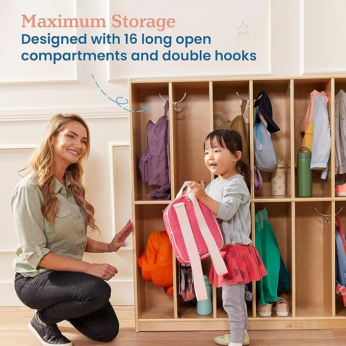 ECR4Kids 16-Section Coat Locker, Classroom Furniture, Natural