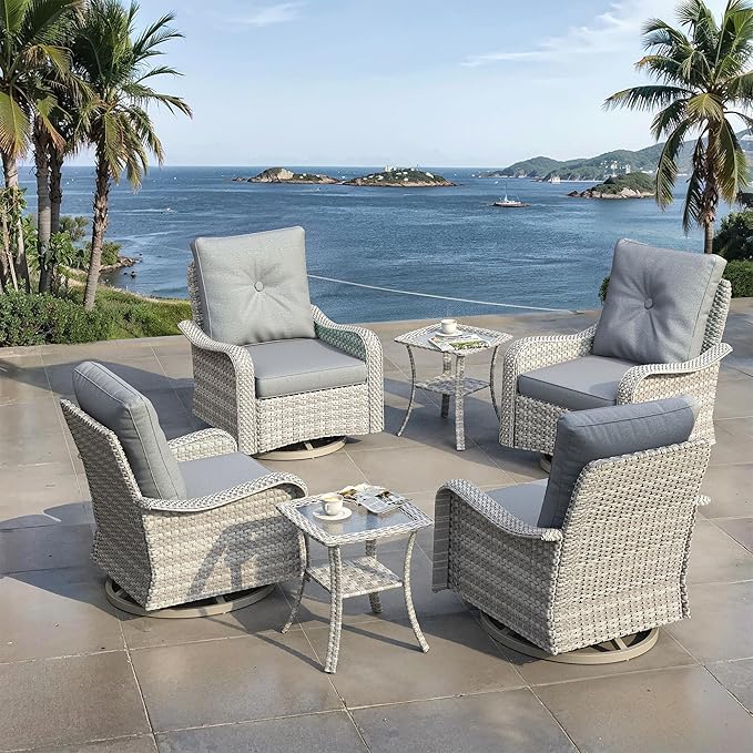 6 Piece Outdoor Wicker Patio Furniture Set,High Back Swivel Rocker Patio Chairs with 4" Thickened Cushions & Side Table, All-Weather PE Rattan for Garden, Backyard, Porch, Grey