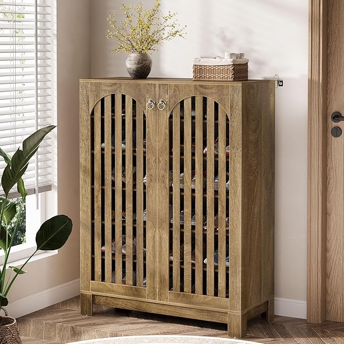 Tribesigns Shoe Cabinet with Shutter Doors, 6-Tier Shoe Storage Cabinet, Entryway Shoe Rack Organizer with Adjustable Shelves for Living Room, Bedroom, Natural Wood