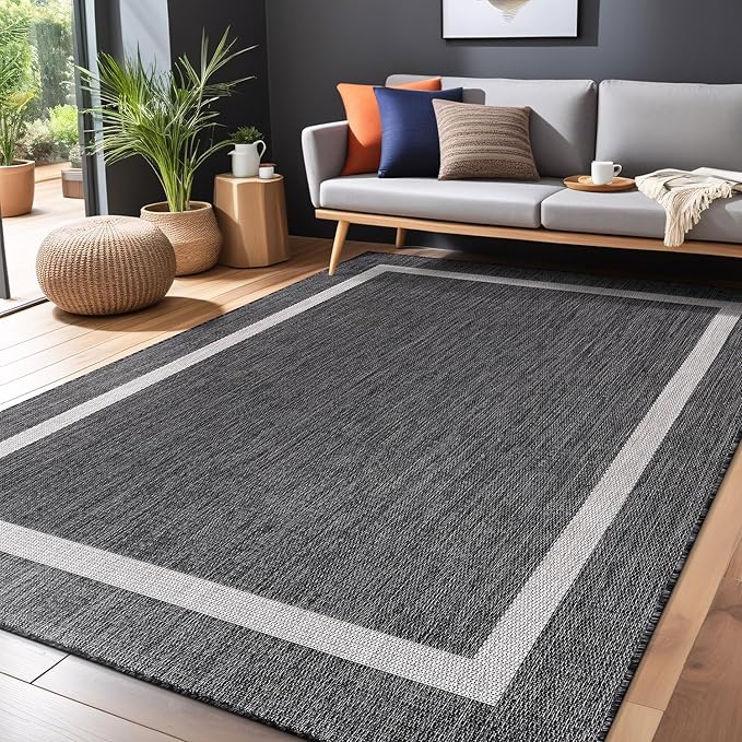Bordered Outdoor Rug 6x9 Washable Outside Carpet for Indoor Patio Porch Waterproof Easy Cleaning Non Shedding Area Rugs Gray 6 x 9