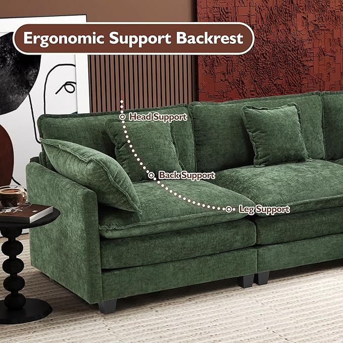 Ihanherry 111.4 Inch 3-Seater Cloud Sofa, Modular Sectional Couch, Modern Deep Seat Sofa for Living Room, Comfy Double Layer Upholstered Seat Cushion, Breathable Chenille Fabric, Green